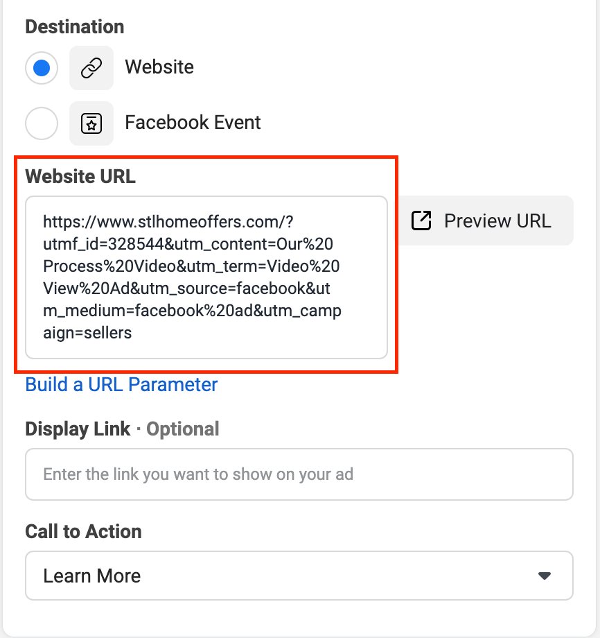 Where to add website URL to Facebook Ad